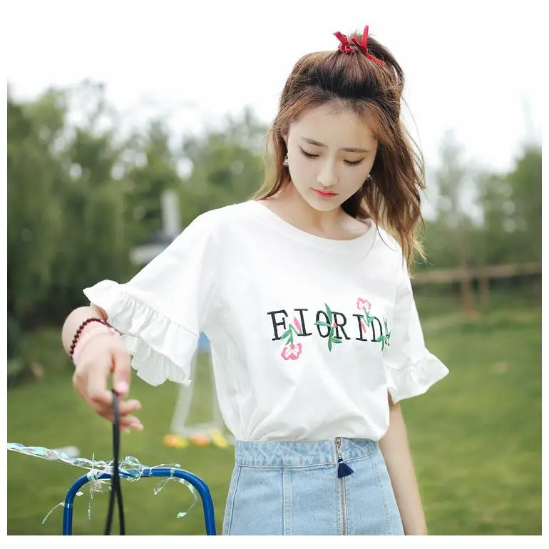 个性夏装新款韩版小清新刺绣荷叶边喇叭袖宽松短袖T恤上衣服女潮t