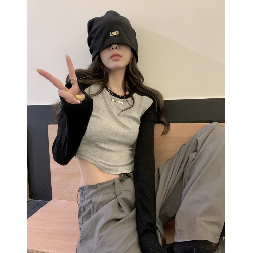 美式不规则短款T恤女装2023秋季新款辣妹长袖修身内搭打底衫上衣