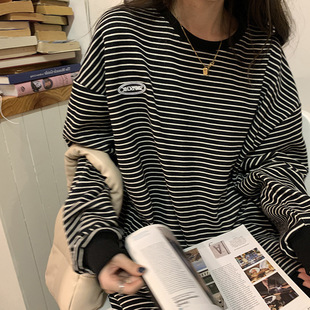 个性班服条纹T恤打底衫秋季新款宽松圆领长袖卫衣女韩版上衣服潮t