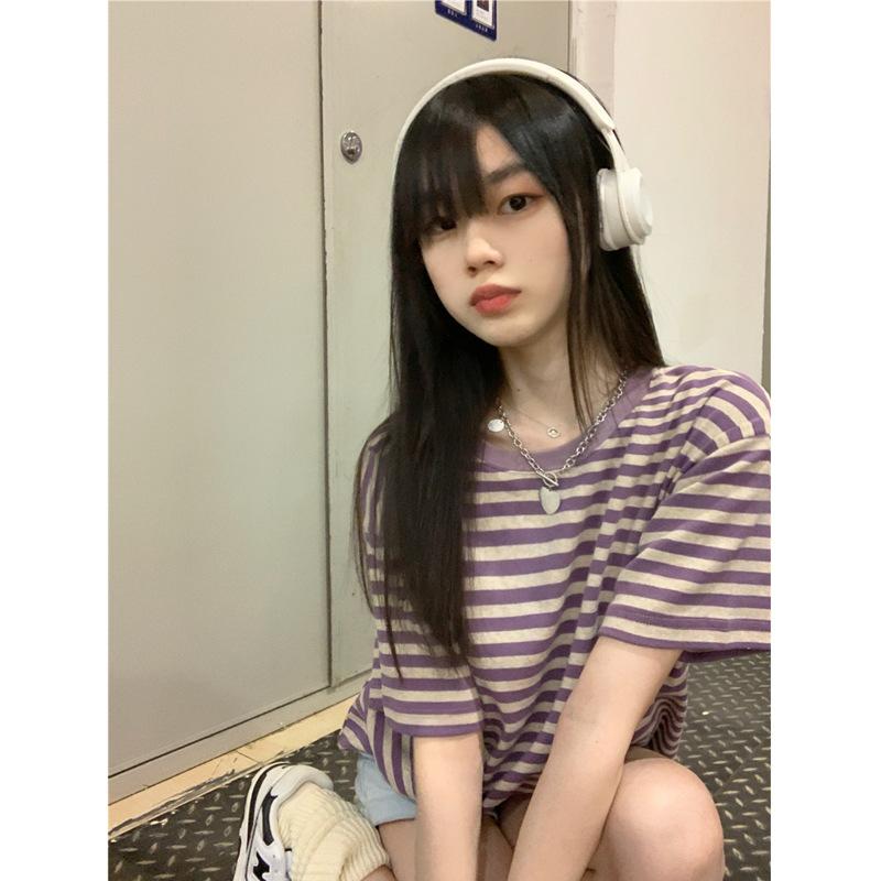 个性条纹短袖T恤女韩版夏季新款学生百搭宽松圆领套头学生上衣潮t