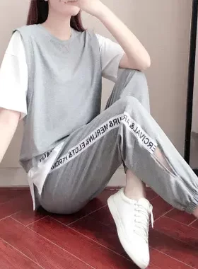 个性欧洲站休闲套装女夏季时尚宽松洋气假两件上衣运动两件套潮流