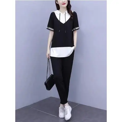 个性夏装女装大码胖妹妹遮肉显瘦减龄穿搭休闲时髦套装两件套潮流