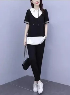 个性夏装女装大码胖妹妹遮肉显瘦减龄穿搭休闲时髦套装两件套潮流