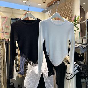 个性韩版不规则流苏针织衫女新款修身气质小众时尚长袖学生上衣潮