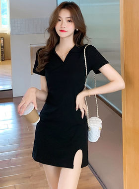 个性班服时尚法式V领包臂连衣裙女夏小黑裙气质修身性感辣妹裙子v