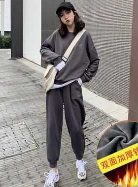 个性加绒加厚大码女装时尚休闲女新款韩版卫衣裤子秋冬学生两件套