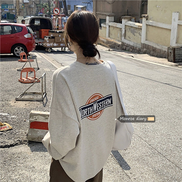 个性班服秋冬字母印花长袖薄款卫衣外套女装宽松中长款套头上衣潮