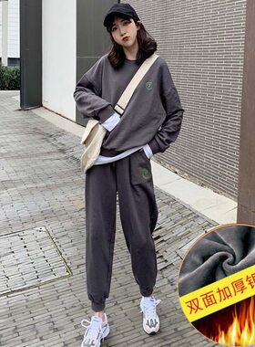 潮流加绒加厚大码女装时尚休闲女新款韩版卫衣裤子秋冬学生两件套