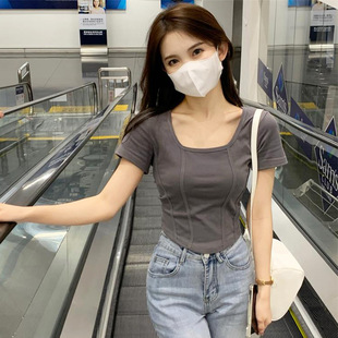 显瘦短款 2024新款 辣妹风设计感修身 上衣 短袖 夏季 方领T恤女装 韩版