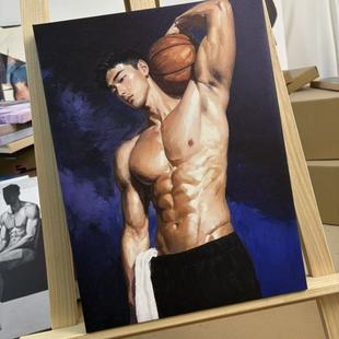 艺术男体油画体育生篮球肌肉男胸肌特写装饰画客厅布置人体艺术