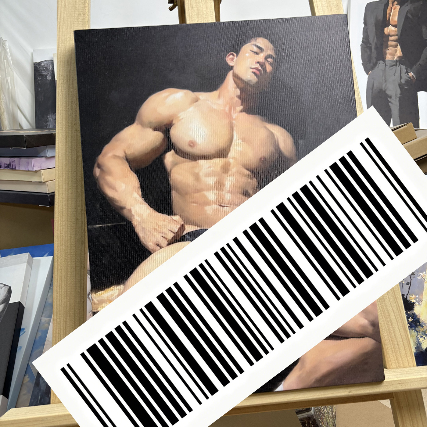 极简底写实人体装饰画健壮男士肌肉光影暗调工作室玄关软装壁画
