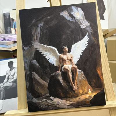 狂想系列洞窟天使奇幻男体羽毛翅膀简约工作室布置艺术画框挂画
