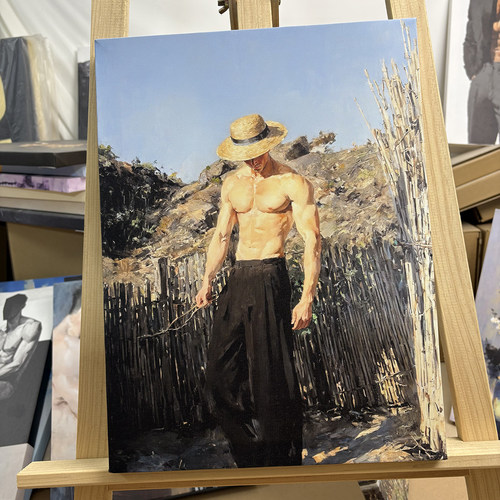 草帽行歌复古油画风肌肉男士装饰画山野人物工作室公寓高级感挂画
