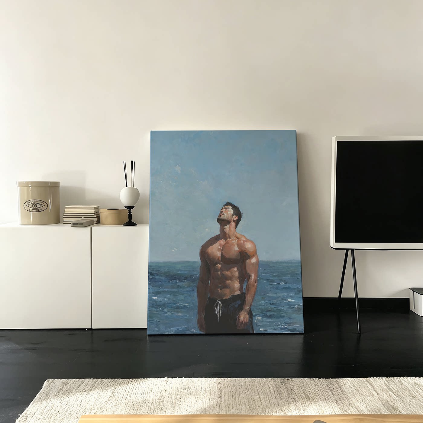 蓝天肌肉男高清装饰画卧室挂画喷绘油画房间室内挂墙靠墙轻熟写生
