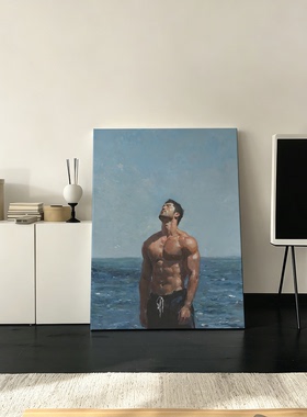 蓝天肌肉男高清装饰画卧室挂画喷绘油画房间室内挂墙靠墙轻熟写生