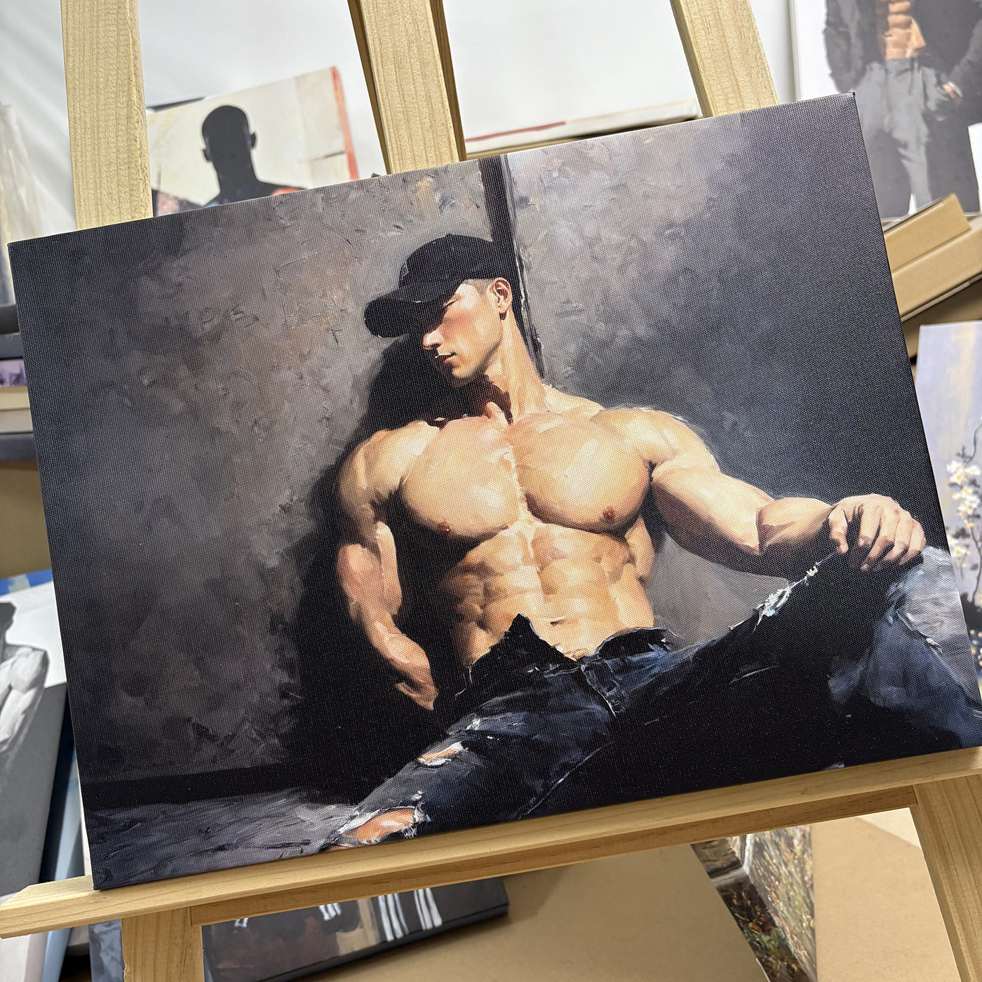 暗调写实潮男人体油画装饰画破洞牛仔裤戴帽健身男生挂画高级感画