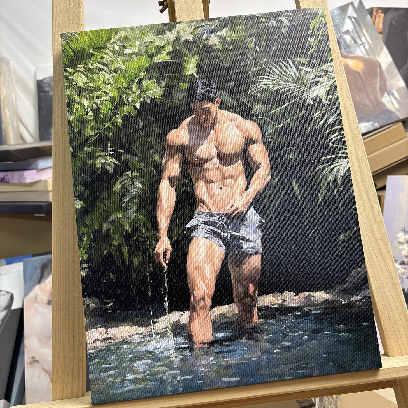 林涧清潭写实油画丛林肌肉男装饰画热带绿植森系氛围感艺术挂画