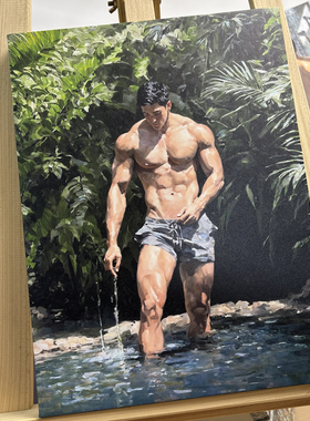 林涧清潭写实油画丛林肌肉男装饰画热带绿植森系氛围感艺术挂画
