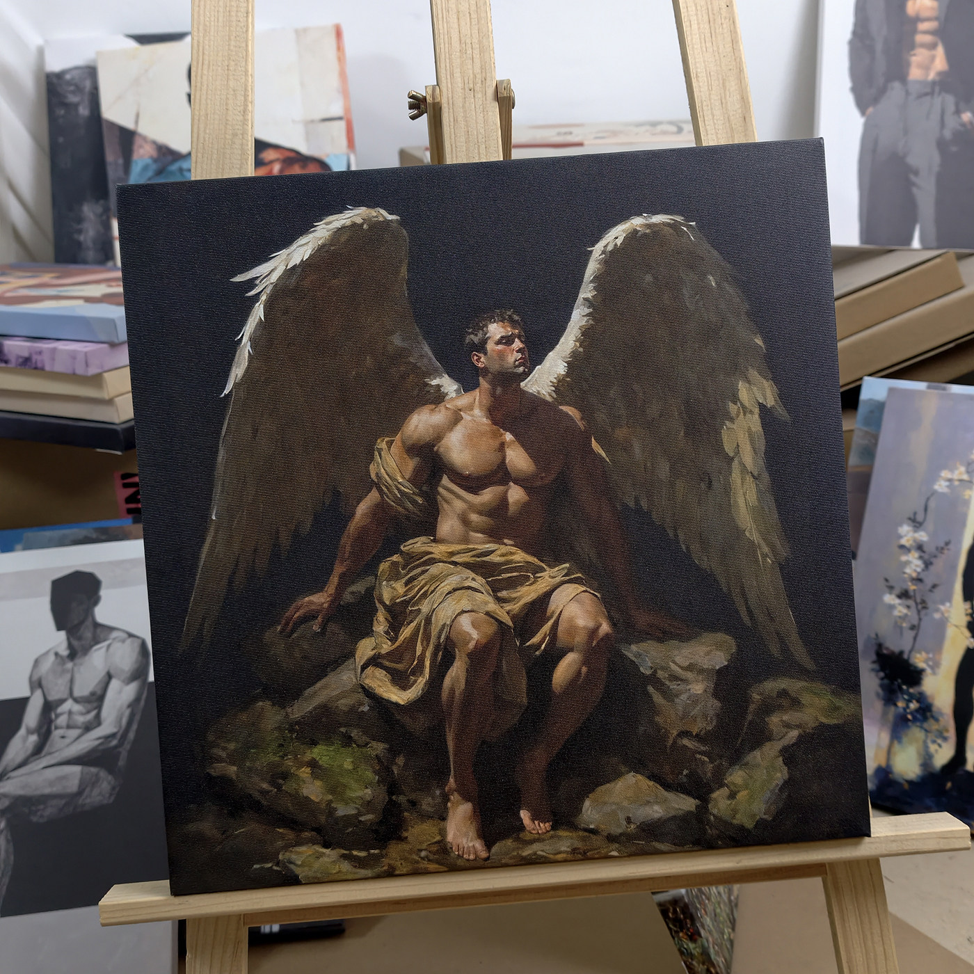 古典油画风带羽翼天使肌肉男神装饰画暗调人体艺术挂画墙面壁画