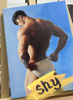 蓝色背景男性背肌肌肉人体油画挂画艺术感人像装饰画小众宽背挂画