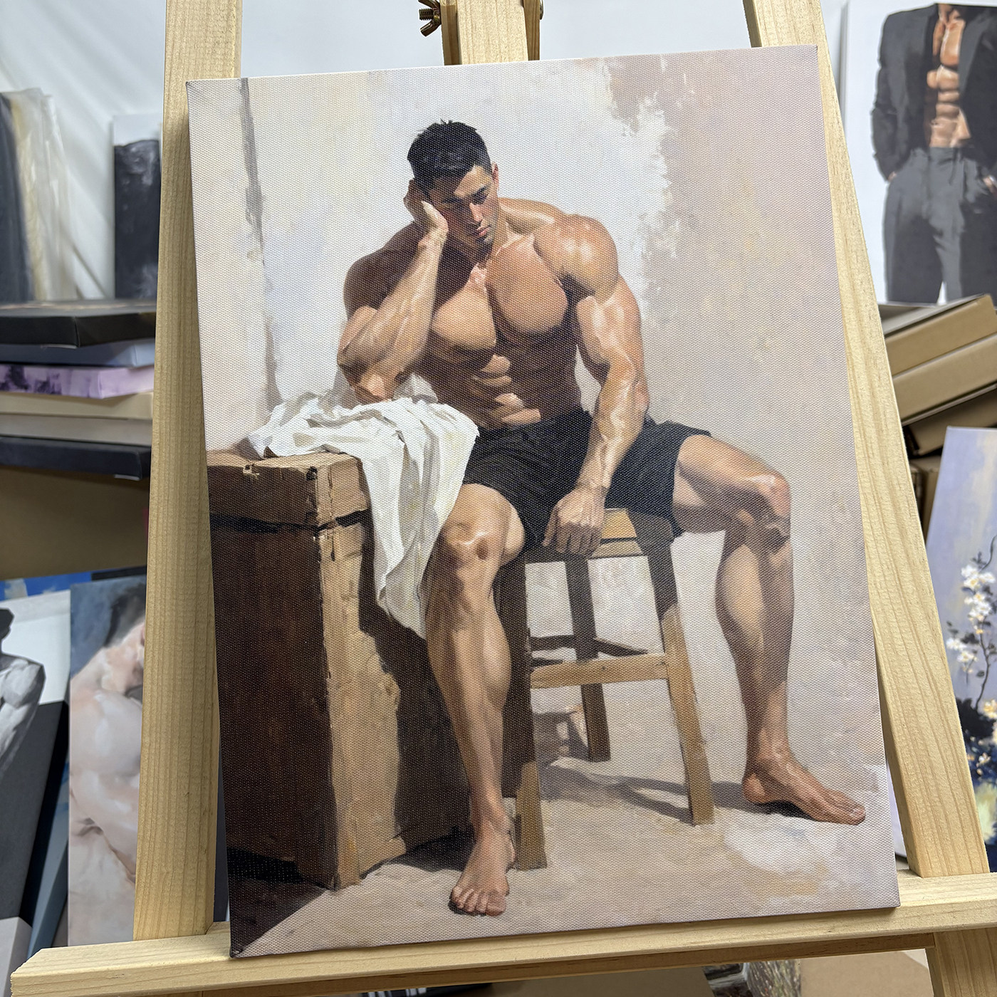小众复古男性人物油画装饰画托腮沉思肌肉男士挂画工作室墙面挂画