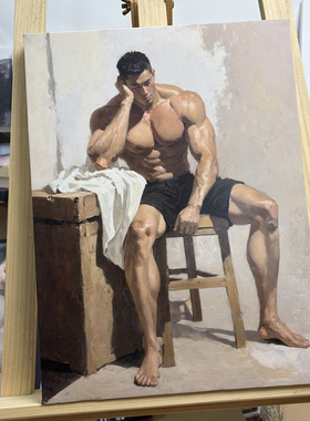 小众复古男性人物油画装饰画托腮沉思肌肉男士挂画工作室墙面挂画