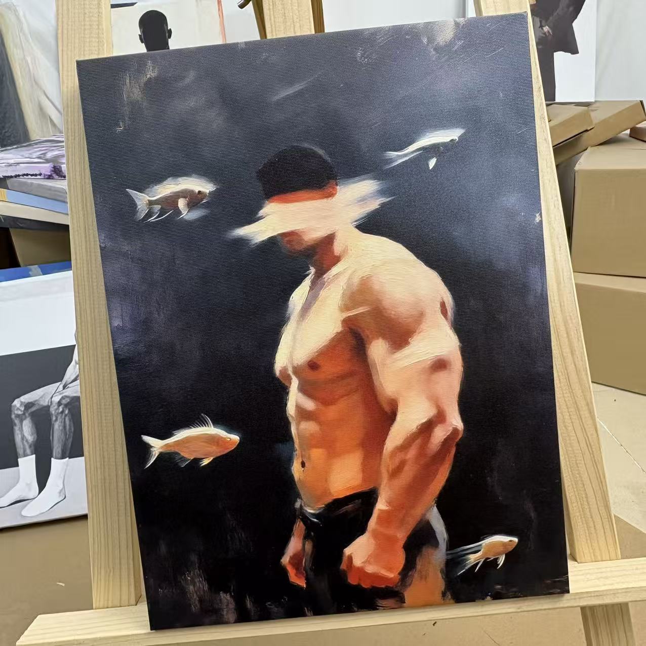 抽象鱼群艺术男体油画肌肉男特写装饰画微喷客厅布置玄关人体艺术