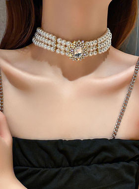 复古宴会锁骨链颈链赫本风网红个性镶钻多排项链小众