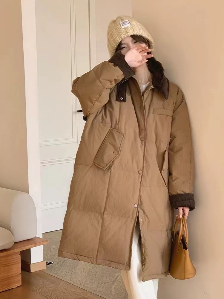 灯芯绒拼接翻领羽绒服女中长款韩版宽松加厚2024冬季新款过膝外套