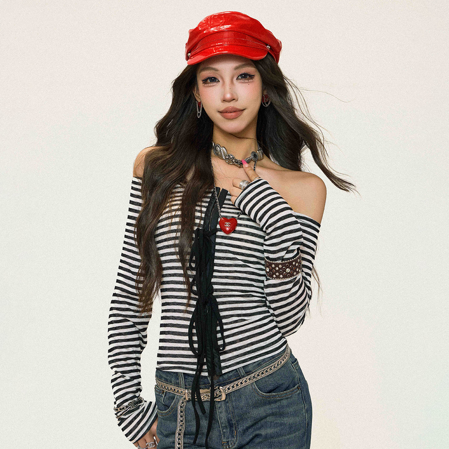 ISSSSSJ黑白条纹长袖T恤女