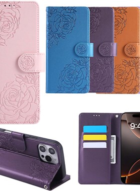 适用红米 Note11/Note12s 4G/Note13Pro/M6/POCO X6 Pro/红米12C/14C/Note 14蔷薇花 压花 手机套 翻盖式防摔