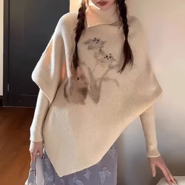 芝士日 1慵懒蝙蝠袖修身毛织衫秋冬女百搭温柔不规则米色毛衣