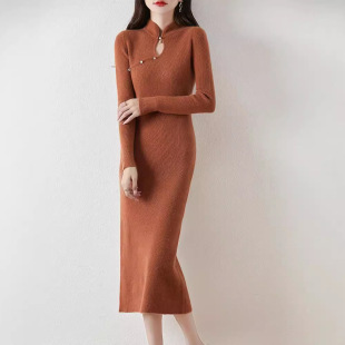 毛衣 羊毛连衣裙女复古旗袍包臀气质长裙改良修身 新款 秋冬新中式