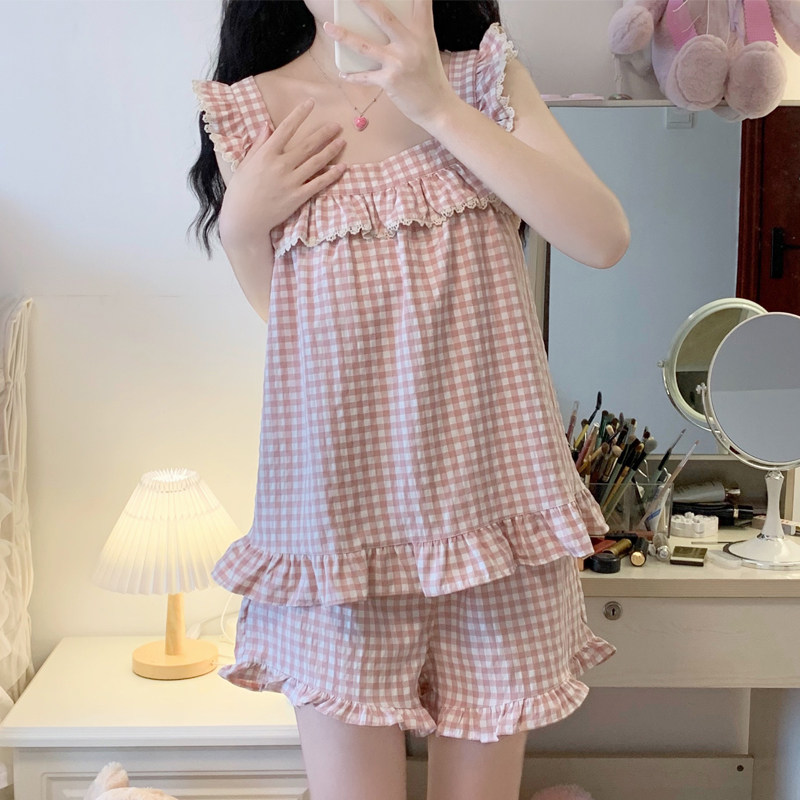 网红风2026年新款纯棉睡衣女夏季纯欲风吊带两件套无袖宽松家居服