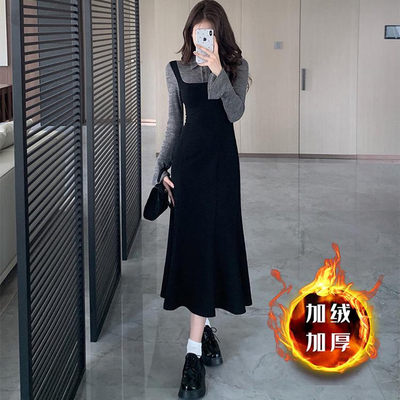 大码法式高级感假两件连衣裙女冬装2025新款高级感显瘦polo领长裙