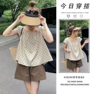 2025夏季法式高级感波点短袖雪纺衫休闲阔腿短裤两件套女时尚套装