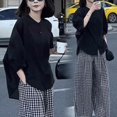 休闲套装 女2025春夏新款 宽松显瘦遮肉衬衫 时尚 格子阔腿裤 两件套潮