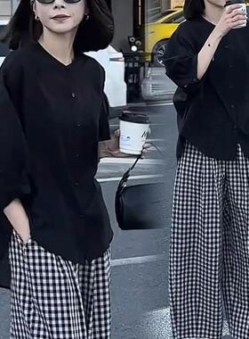 时尚休闲套装女2025春夏新款宽松显瘦遮肉衬衫格子阔腿裤两件套潮