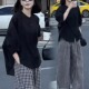 休闲套装 女2025春夏新款 宽松显瘦遮肉衬衫 时尚 格子阔腿裤 两件套潮