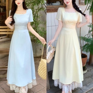时尚 新款 复古蕾丝拼接方领连衣裙女小众显瘦裙子 胖mm2025夏季 大码