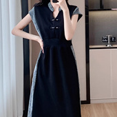 大码 国风收腰遮肚盘扣拼接中长裙胖mm夏季 轻奢显瘦减龄正肩T恤裙