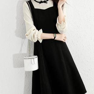 春秋新款 淑女收腰显瘦小香风假两件连衣裙 半高领蕾丝边a字裙时尚