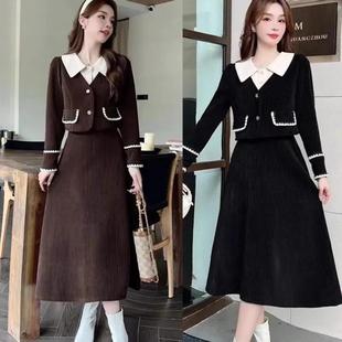 复古灯芯绒连衣裙套装 高级感假两件上衣半身裙两件套2024秋季 新款