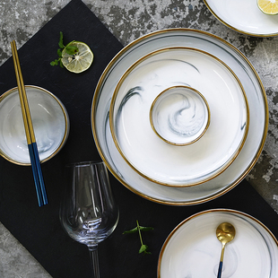 清仓 北欧风大理石纹金边陶瓷餐具家用菜盘碟子饭碗汤碗餐盘面碗