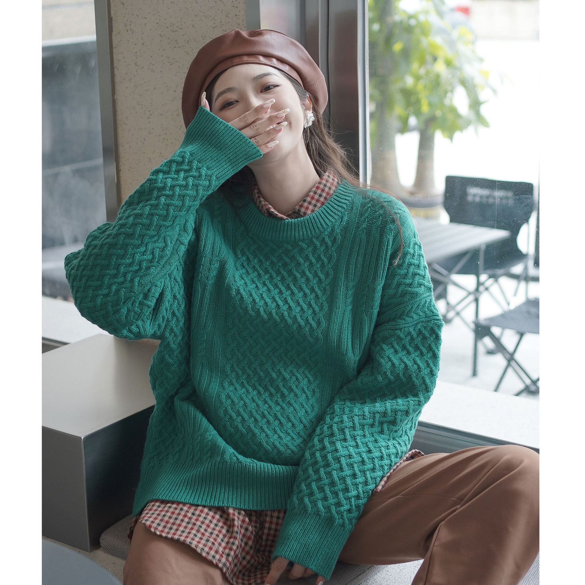 外贸品牌原单尾货重工钩花宽松慵懒加厚羊毛羊绒麻花针织衫毛衣女