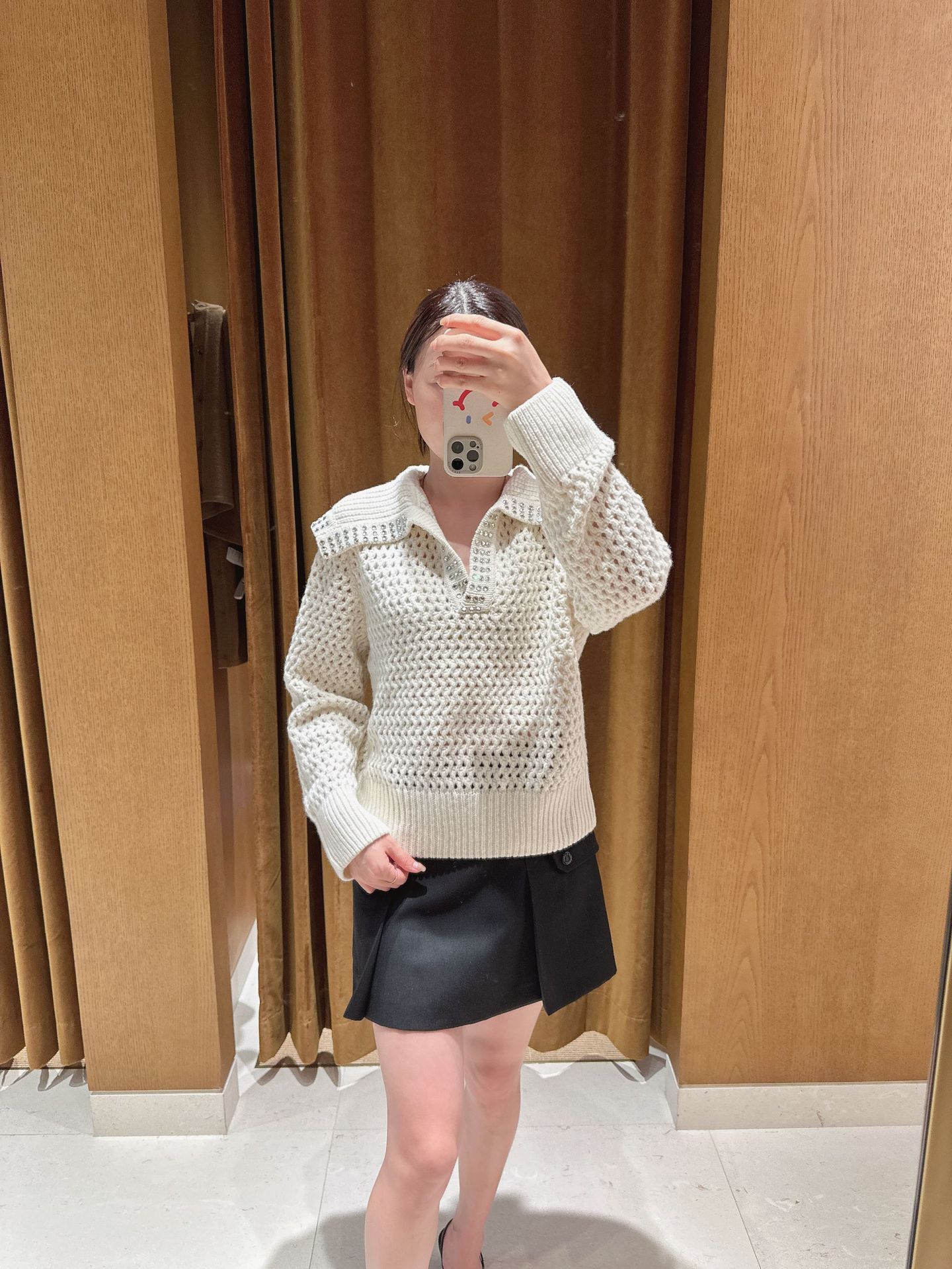 S家法国小众品牌尾货2024秋冬新款法式学院风假两件衬衫领针织衫