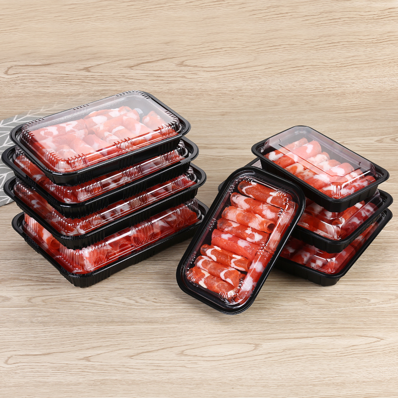 一次性食品级透明塑料黑色分体厚羊肉卷肥牛卷长方形打包盒带卡扣
