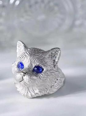 蓝眼猫猫戒指 可爱灵猫头开口可调节戒指环小众设计手饰闺蜜礼物