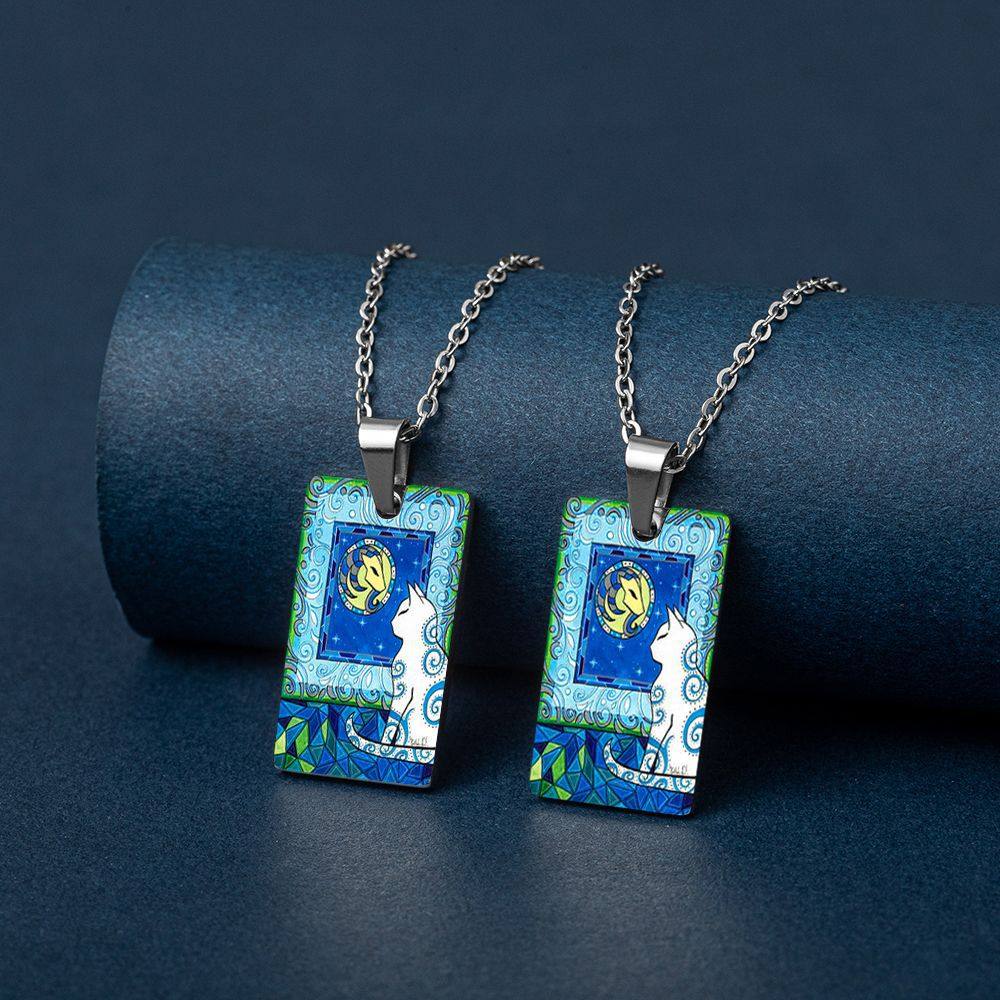 猫咪塔罗牌彩印个性不锈钢项链