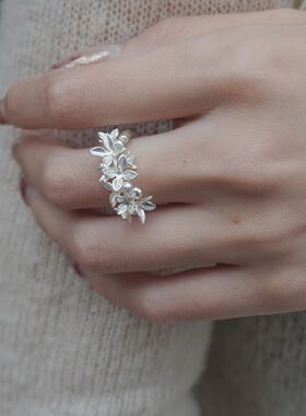 女生银色夏日繁花戒指环